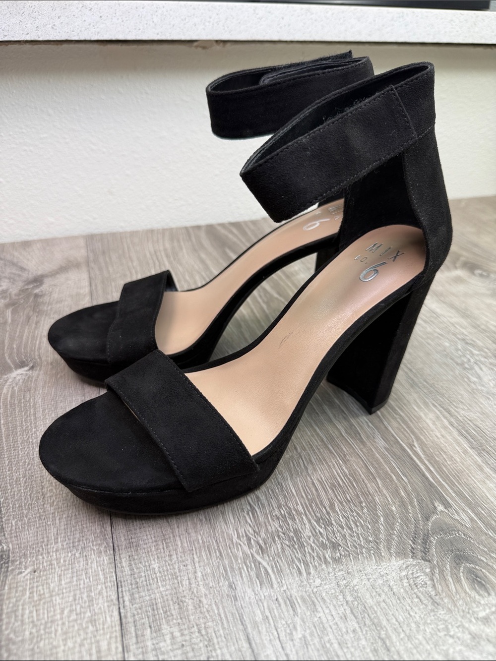 Mix No. 6 Black Suedette Open-Toe Ankle-Strap Block Heels